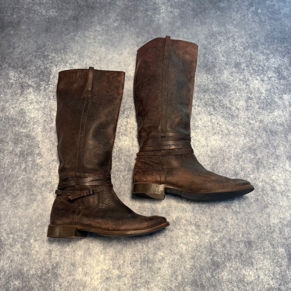 Frye Shirley Riding Boots Womens 10 B Brown Distressed Leather Belted Tall 77754